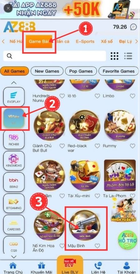 Chọn sảnh cược V8 poker và tìm game bài Mậu Binh